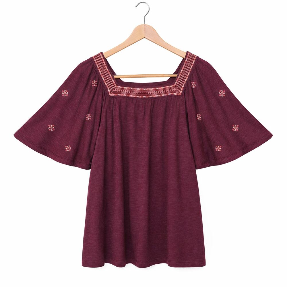 J Jill Top Womens Medium Burgundy Embroidered Cotton Modal Blend Peasant Boho